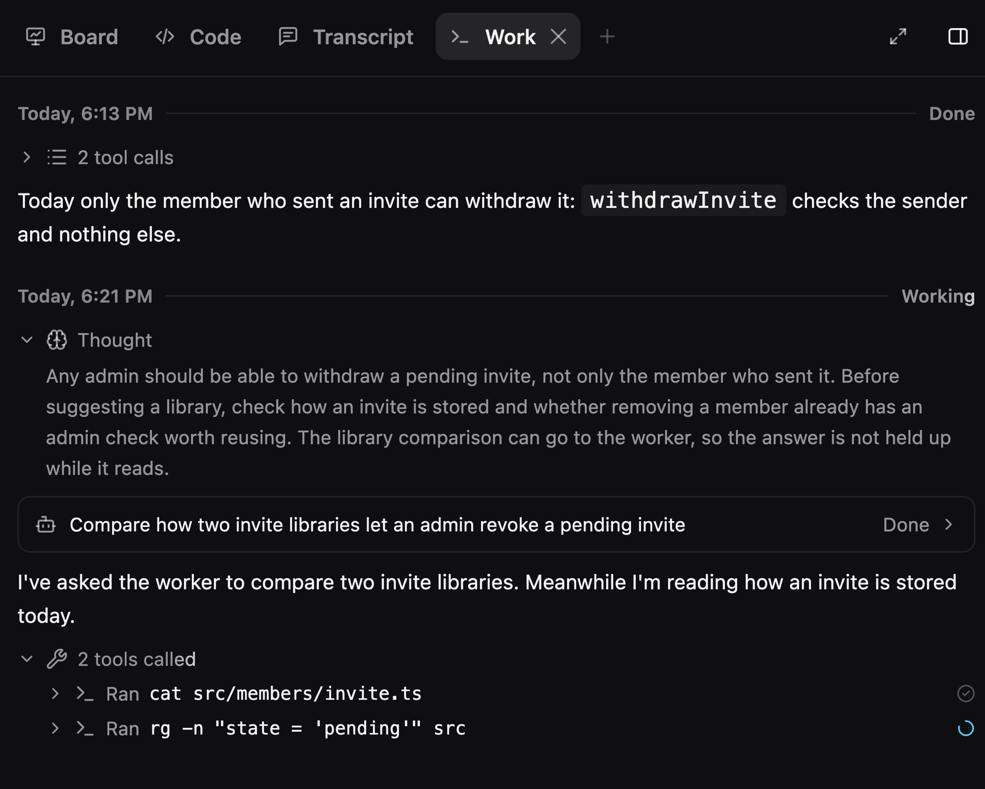 The Work tab with a finished planning turn above the current one: Luke's thought, his background worker, and the commands he is running.